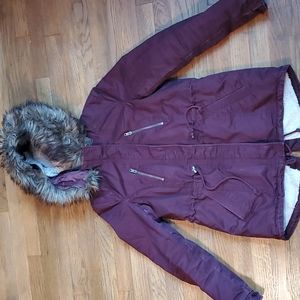 Maroon jacket with detachable faux fur hood